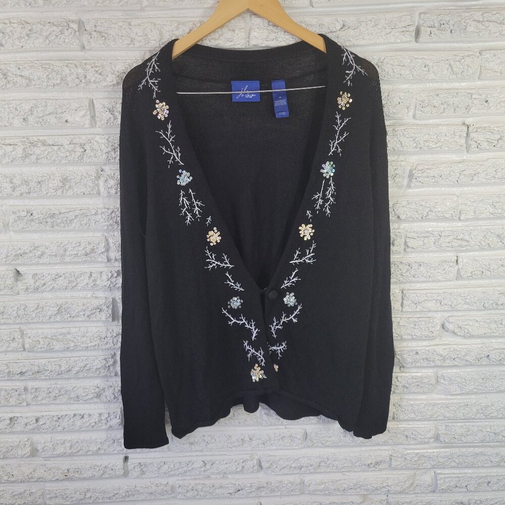 JH‎ Collectibles Women's 1X Black Floral Cardigan Sweater Beaded BLA94E